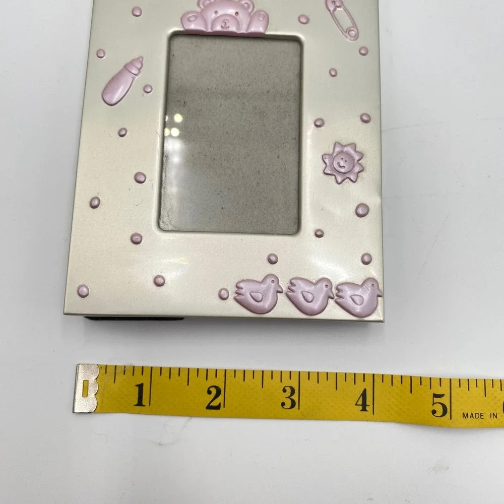Baby Photo Frame Pink Teddy Bear Chicks Safety Pin Metal Design Tabletop Display
